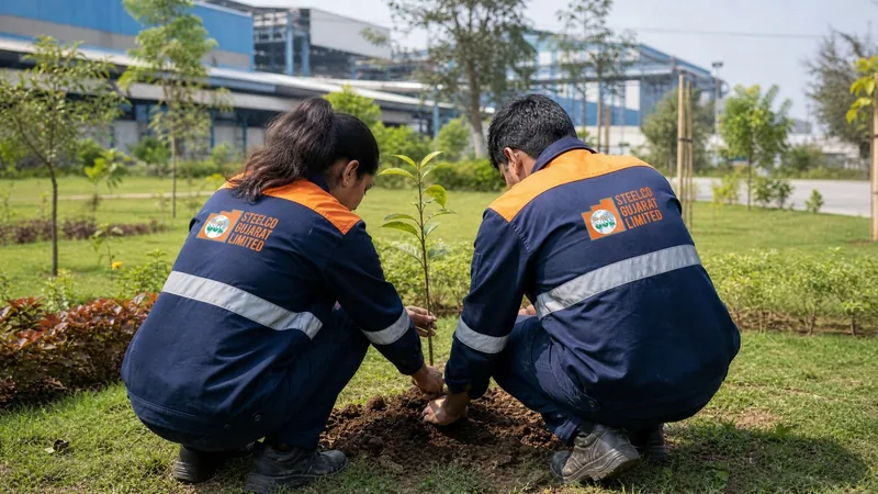 Steelco employees planting a sapling in the green belt at the Palej plant